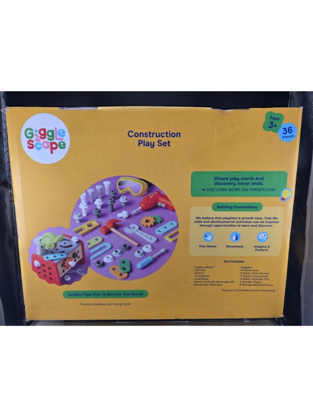 Gigglescape Construction Play Set 36-Piece With Electric Drill & Wooden Toolbox - Picture 8 of 12